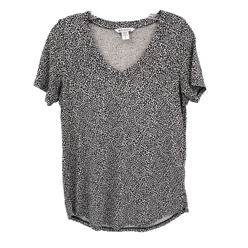 ATHLETA Women's Sz S Breezy Scoop V-Neck Tee Cheetah Print T-Shirt Black/Beige